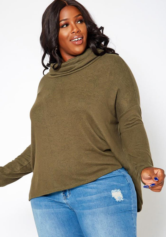 Curvy Turtle Neck Long Sleeve Top - Olive