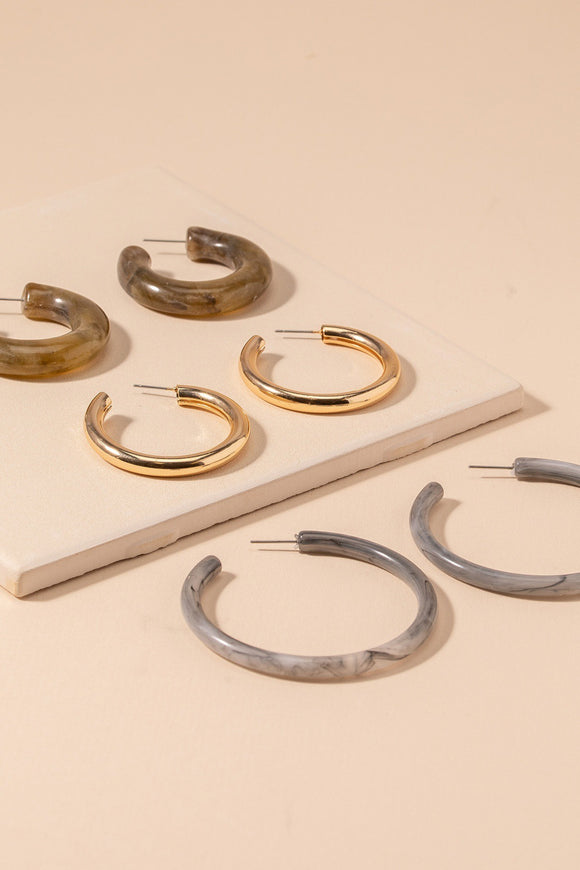 Set of 3 Acetate Hoop Earrings - Gray/Gold/Brown