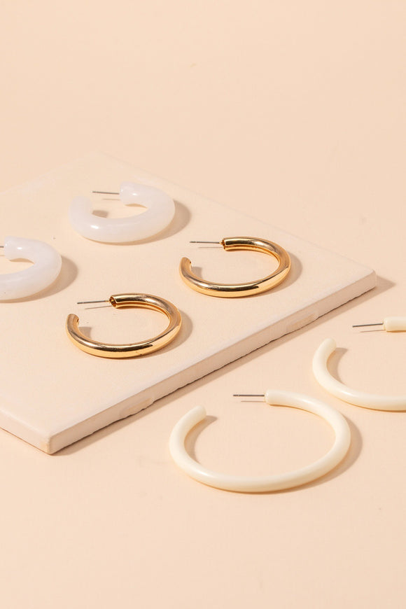 Set of 3 Acetate Hoop Earrings - White/Gold
