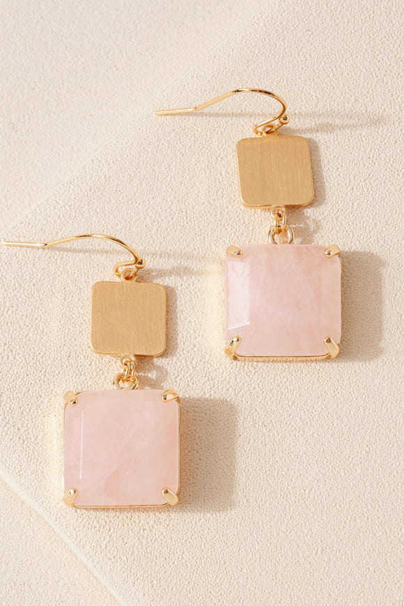 Square Stone Dangling Earrings - Pink