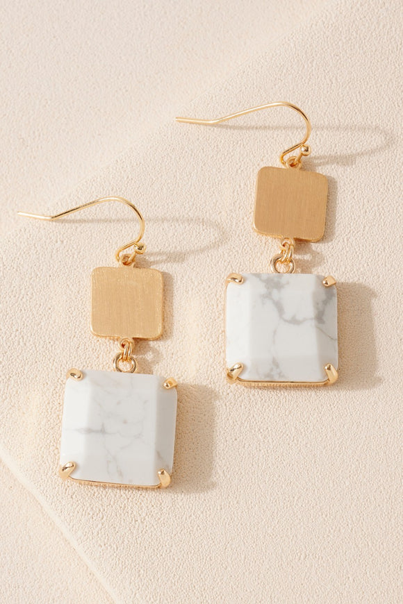 Square Stone Dangling Earrings - Marble