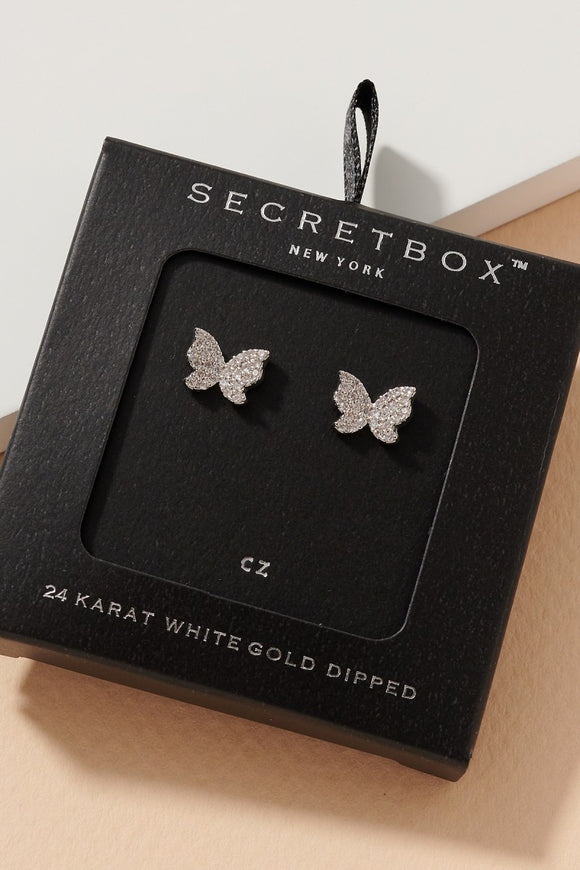 Secret Box Butterfly CZ Gold Dip Stud Earrings