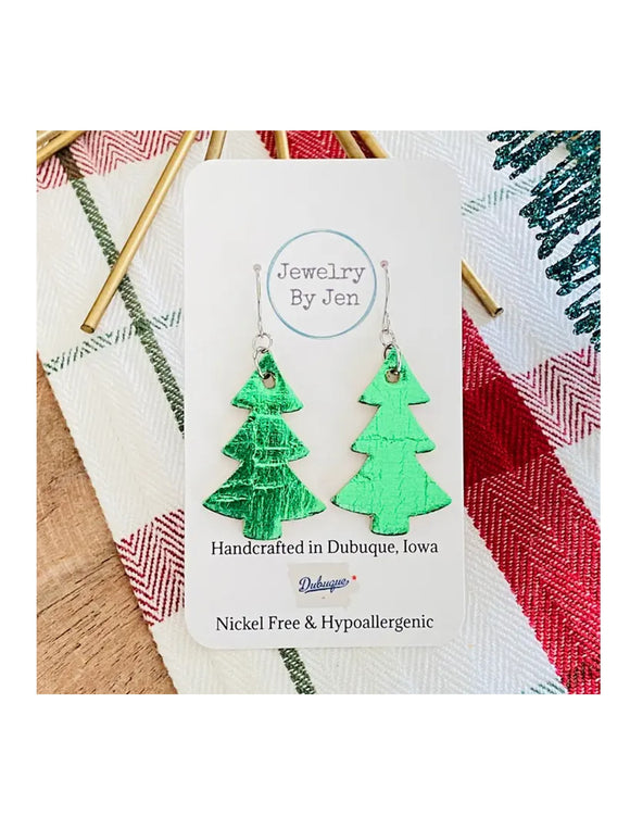 Christmas Tree Earrings - Metallic Green Cork