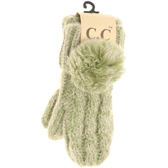 Kids CC Multi-Tone Double Pom Fuzzy Lined Mittens: Sage