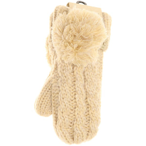 Kids CC Multi-Tone Double Pom Fuzzy Lined Mittens: Beige