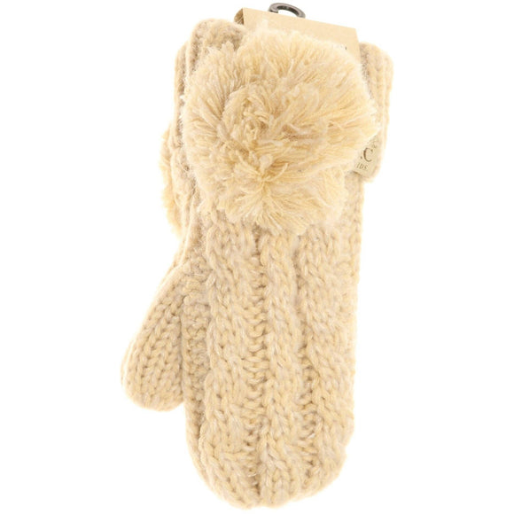 Kids CC Multi-Tone Double Pom Fuzzy Lined Mittens: Beige