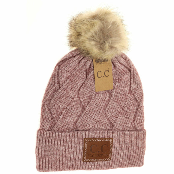 Geometric Knit Faux Fur Pom Beanie: Mauve