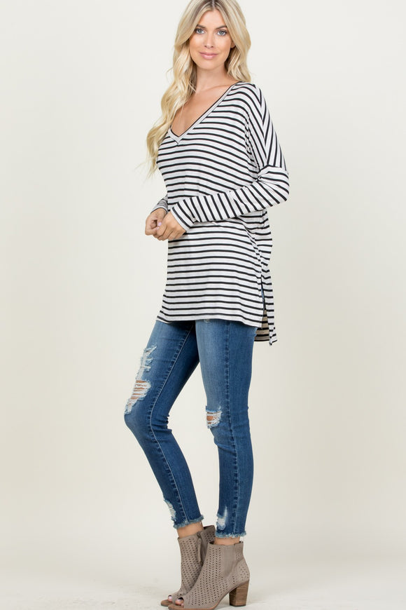 Striped V Neck Long Sleeve Loose Fit Top - Oatmeal/Black