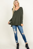 Striped V Neck Long Sleeve Loose Fit Top - Olive/Black