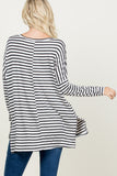 Striped V Neck Long Sleeve Loose Fit Top - Oatmeal/Black