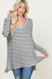 Striped V Neck Long Sleeve Loose Fit Top - Oatmeal/Black