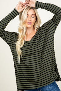 Striped V Neck Long Sleeve Loose Fit Top - Olive/Black