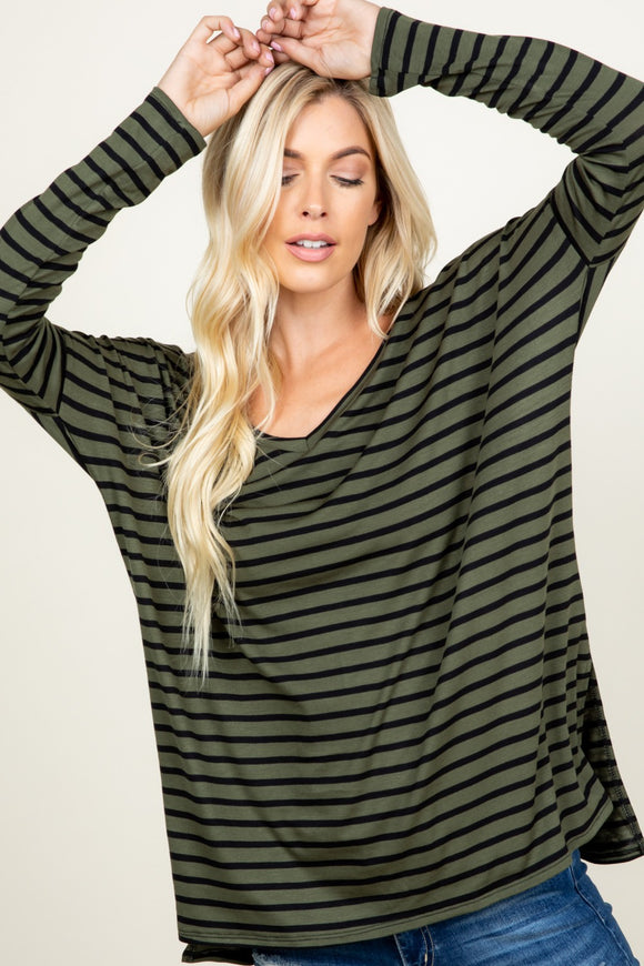 Striped V Neck Long Sleeve Loose Fit Top - Olive/Black