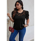 Curvy Solid Lace Ruffle Sleeve Hollow Out Top