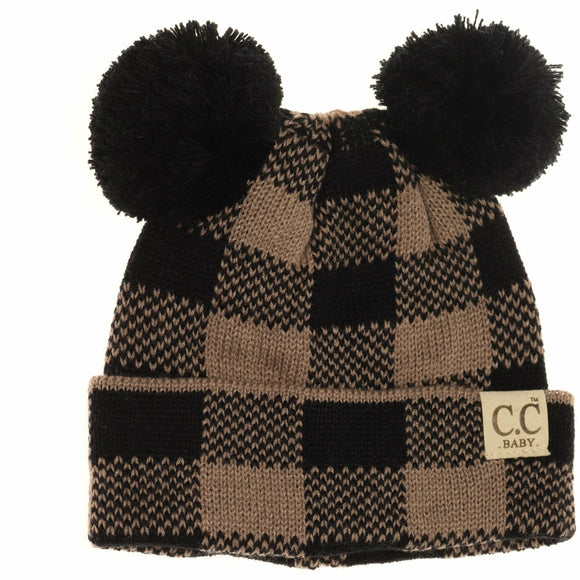 BABY Buffalo Plaid Pom Pom Beanie - Newborn/Knit Hat: Black/Taupe