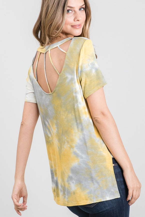 Tie Dye Cage Back Top - Yellow/Gray