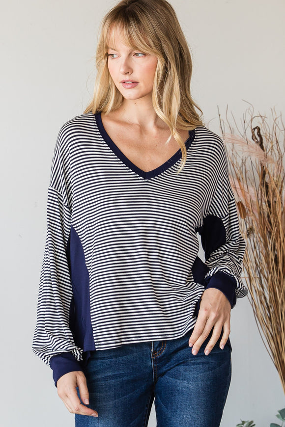 Striped Multi Fabric Long Sleeve V-Neck Top