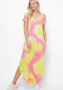 Tie Dye Maxi Dress - Yellow/Pink