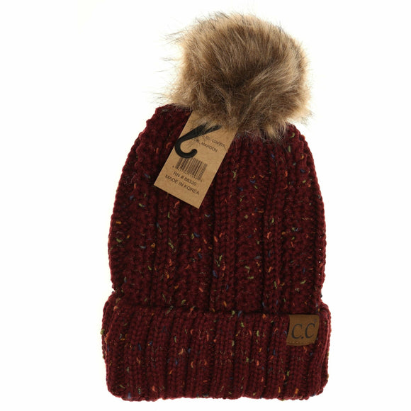 Fuzzy Lined Flecked Fur Pom CC Beanie: Maroon