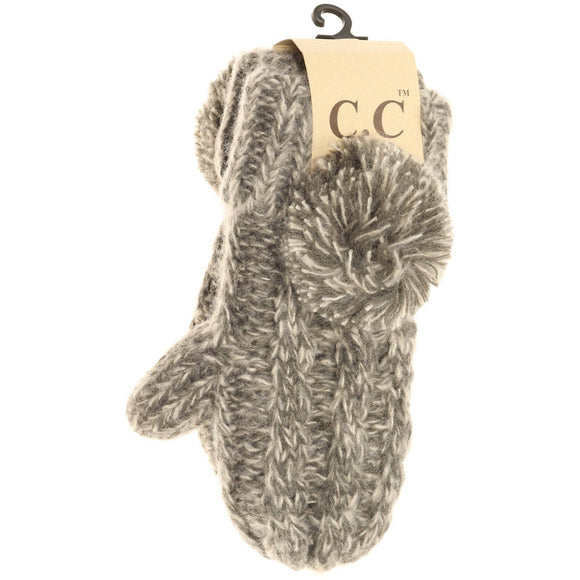 Kids CC Multi-Tone Double Pom Fuzzy Lined Mittens: Dk. Grey