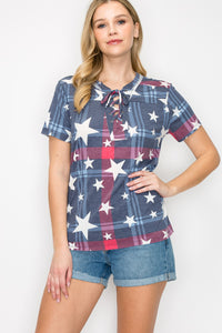 Women Star Print Short Sleeve Top - Blue