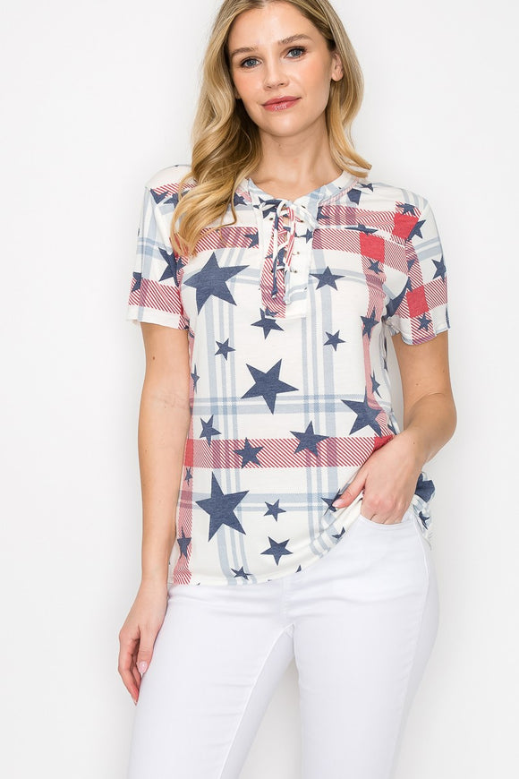 Women Star Print Short Sleeve Top - White
