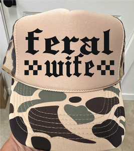 "Feral Wife" Camo and Tan Trucker Hat