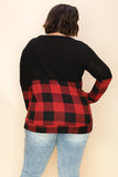 Curvy Half Plaid Long Sleeve Boat Neck Top