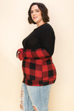 Curvy Half Plaid Long Sleeve Boat Neck Top