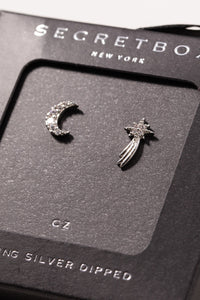 Star and Moon Stud Earrings - Silver