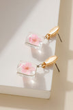 Square Resin Flower Dangling Earrings - Pink