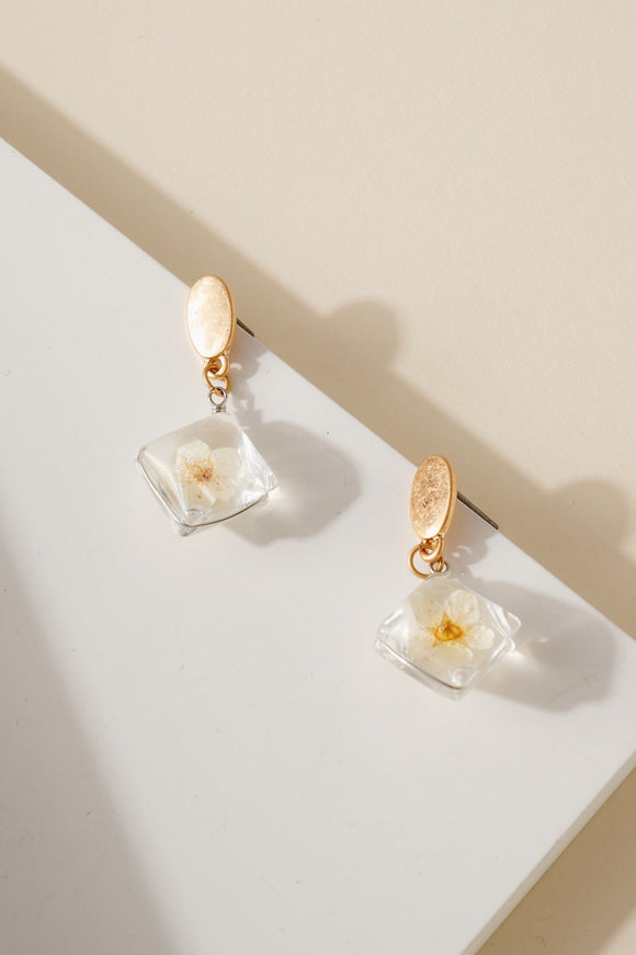Square Resin Flower Dangling Earrings - White