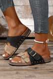 Western Suede Rivet Buckle Strap Slide Sandals: Black