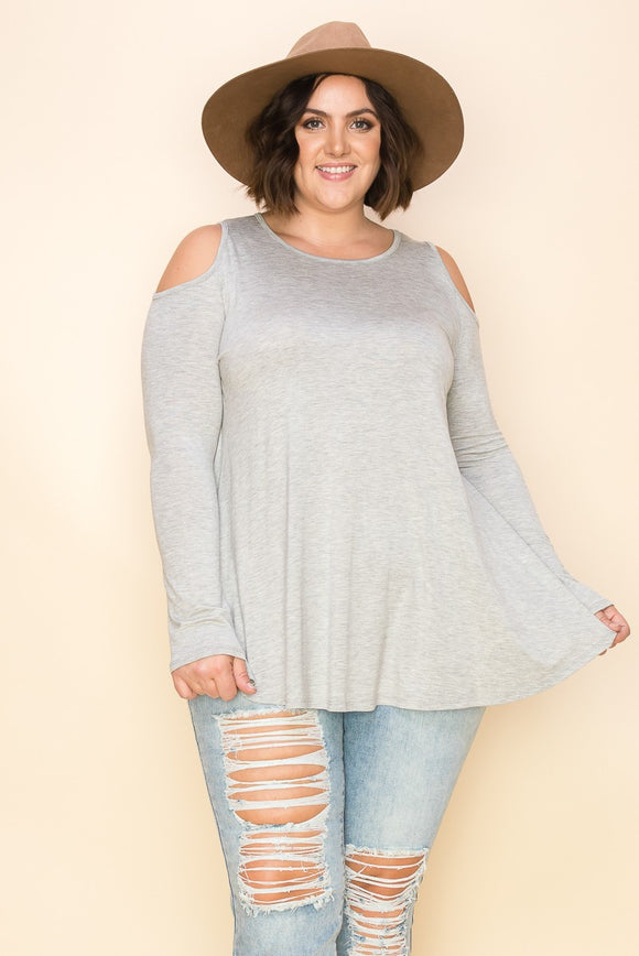 Curvy Solid Shoulder Accent Loose Fit Top - Heather Gray