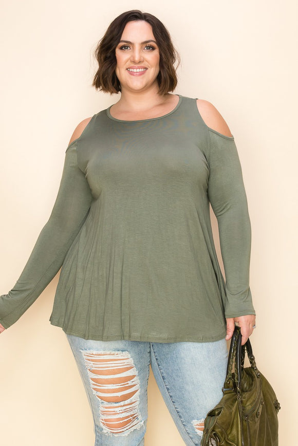 Curvy Solid Shoulder Accent Loose Fit Top - Olive