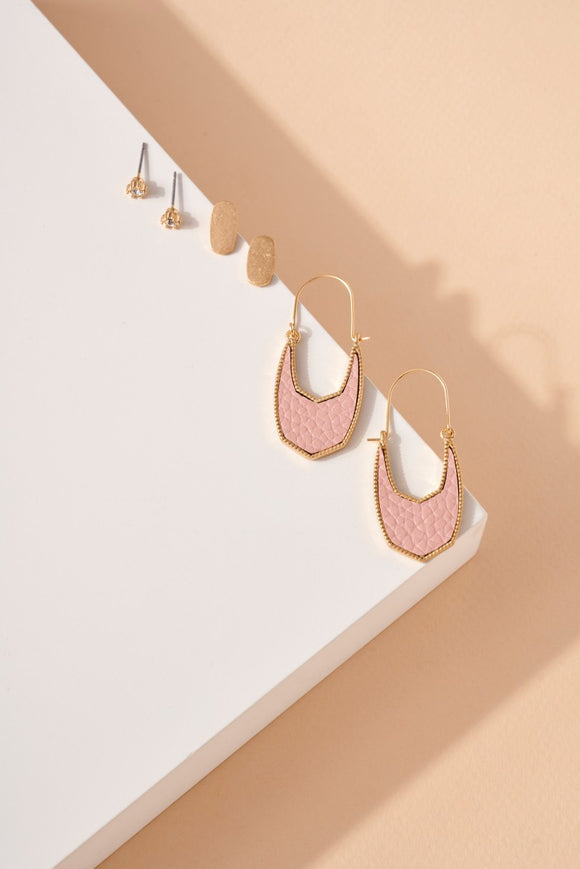 Leather Metal Earrings Set - Pink