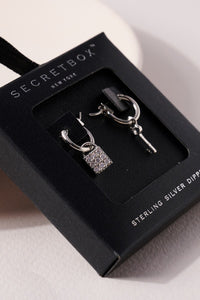 Secret Box Key Lock CZ Gold Dip Earrings - Silver