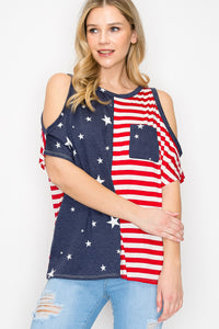 Cutout On Sleeve Star And Striped Printed Top