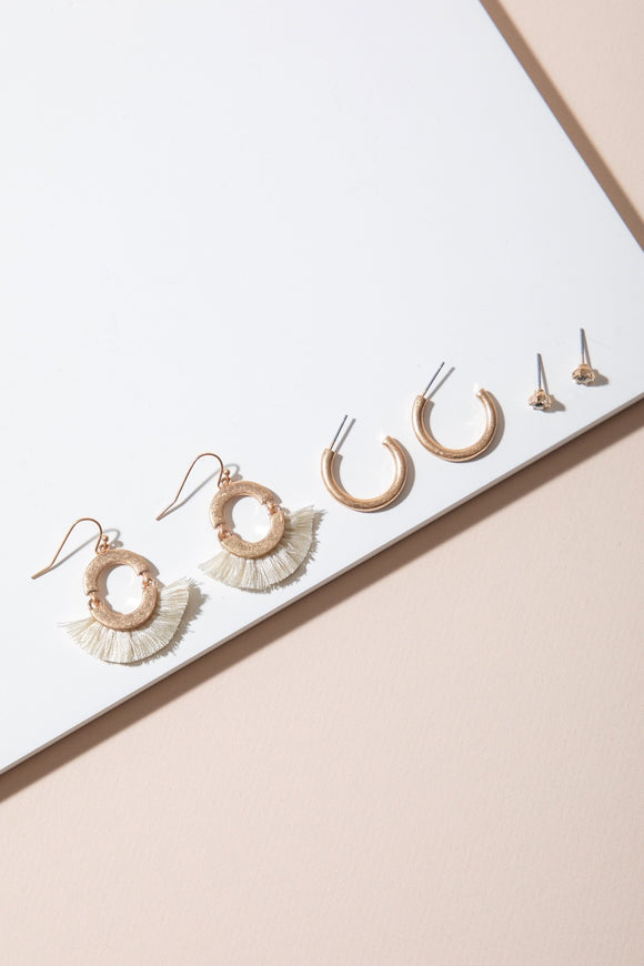 Tassel Hoop Earrings Set - Ivory