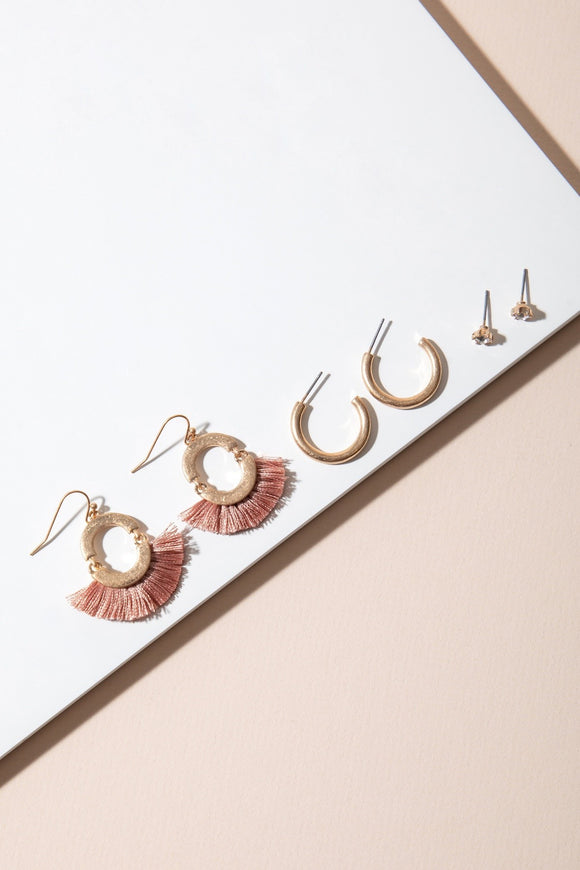 Tassel Hoop Earrings Set - Pink