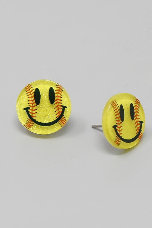 Softball Smiley Face Acrylic Stud Earrings