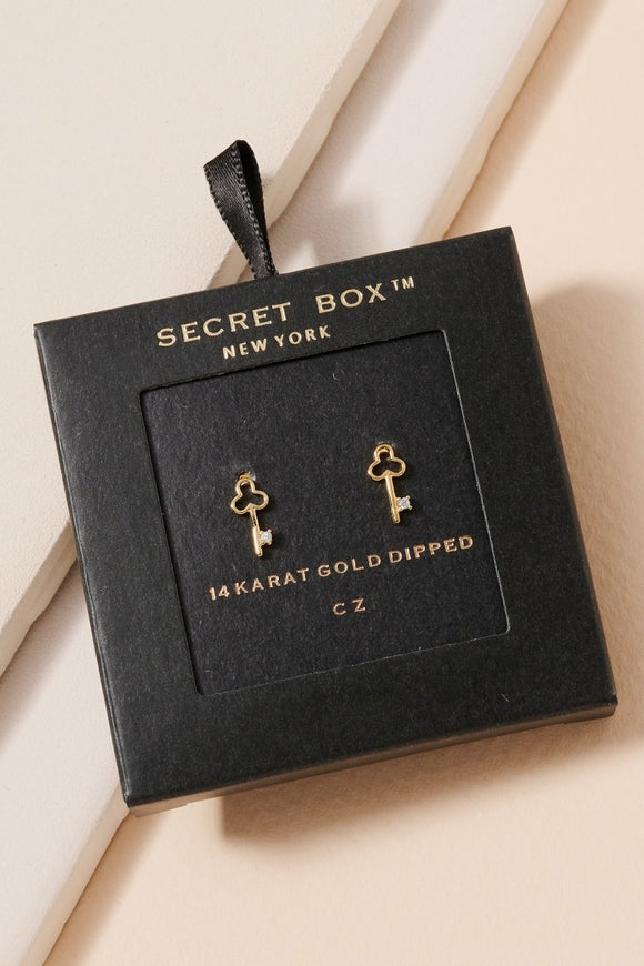 Key CZ Secret Box Gold Dip Stud Earrings - Gold