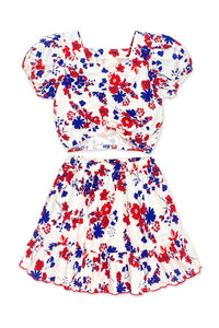 Girl's Red White & Blue Floral 2 Piece Skirt Set