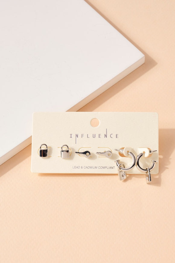 Key Lock Stud Earrings Set - Silver