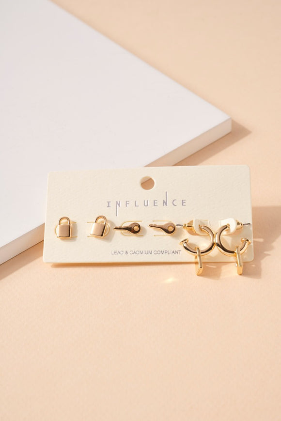Key Lock Stud Earrings Set - Gold