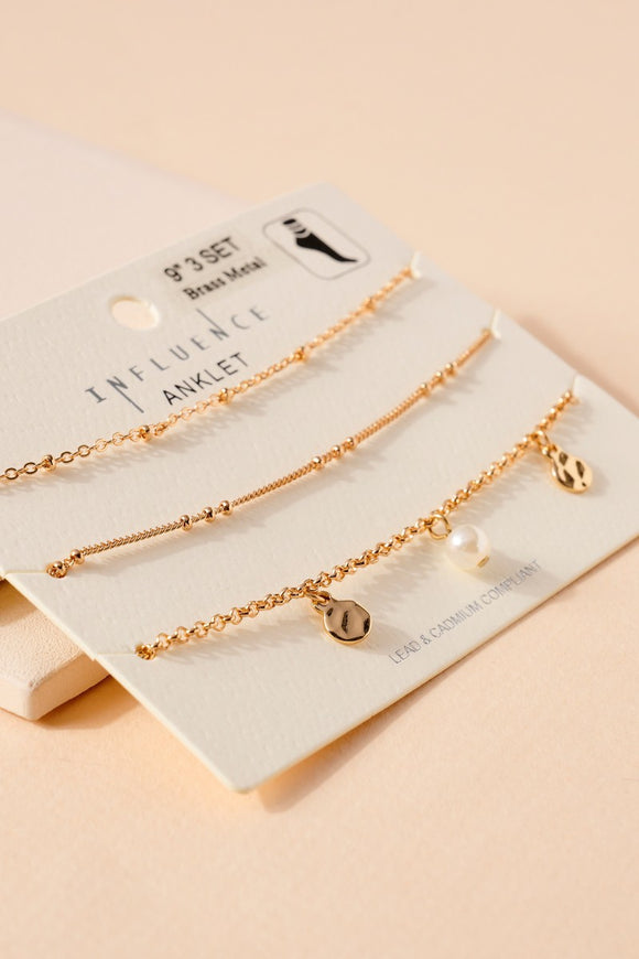 Brass Metal Disc Pearl Charms Anklet Set