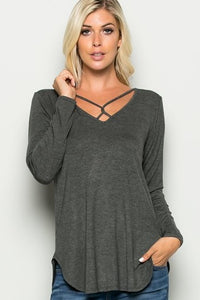 Front Cross Accent Detail Top - Charcoal