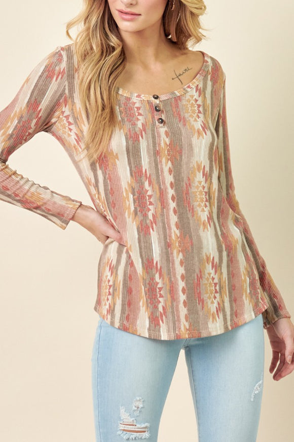 Aztec Print Henley Top - Rust