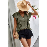 Solid Ruffle Trim Button Down Fit Blouse - Olive