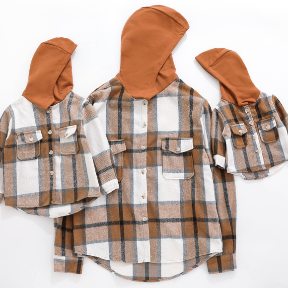 ADULT Hooded Brown & Gray Flannel Shacket